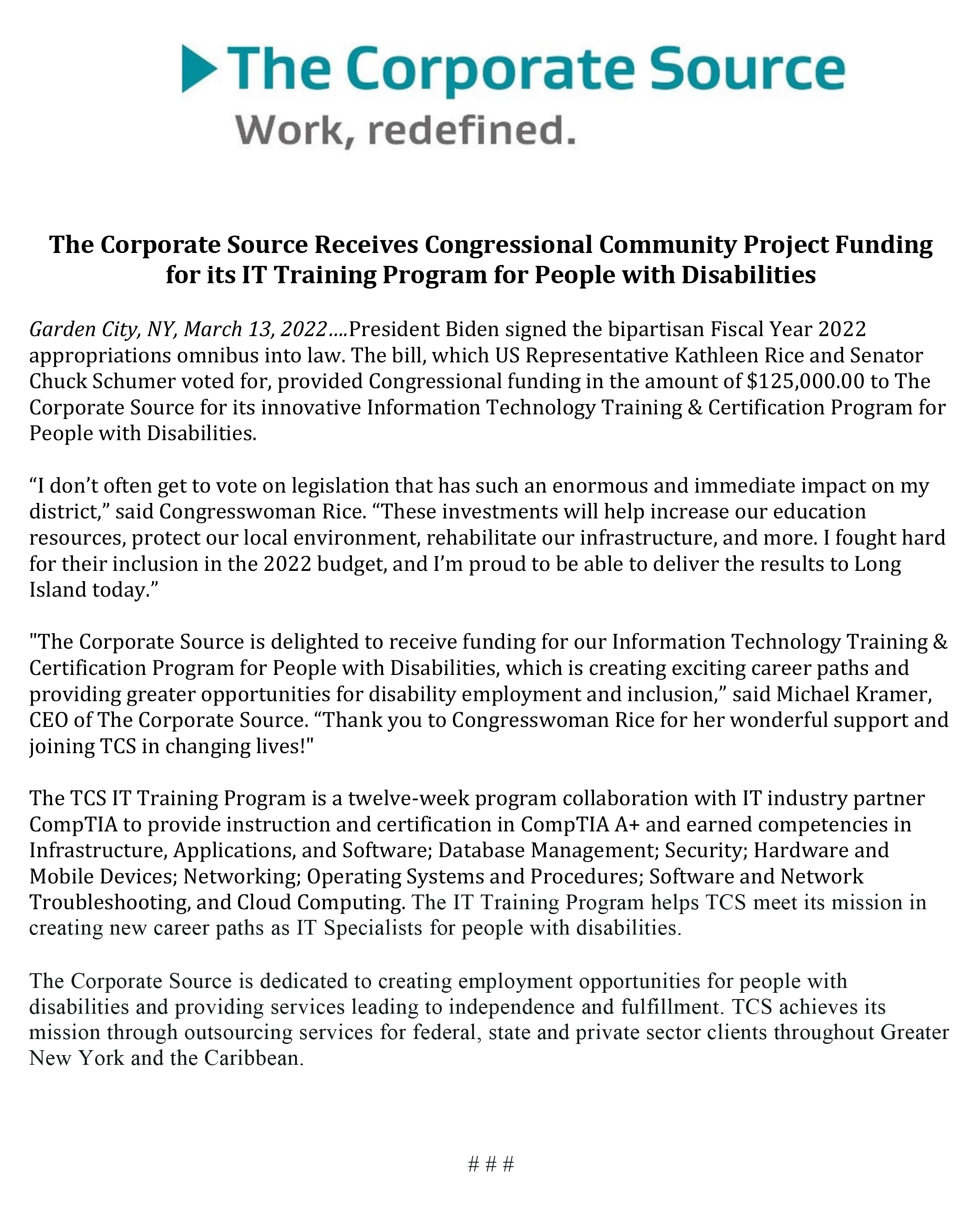 The Corporate Source Receives Congressional Community Project Funding for its IT Training Program for People with Disabilities